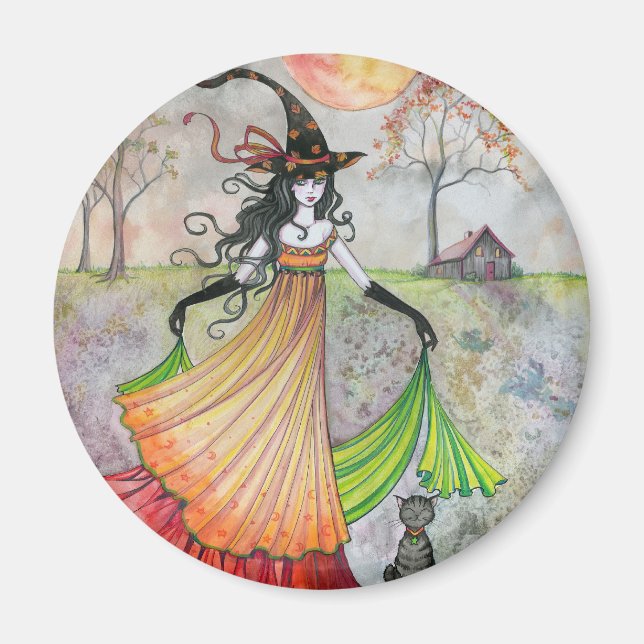 Íman Bruxa e Gato do Devaneio de Outono Arte de Hallowe (Frente)