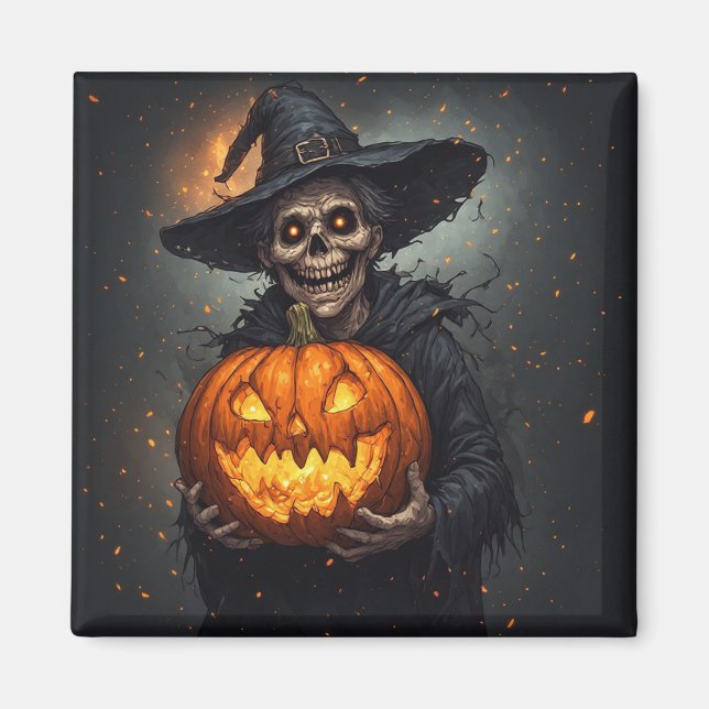 Íman Bruxa Esqueleto Com Abóbora Brilhante Halloween 🎃 (Frente)