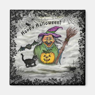 Íman Bruxa, Gato, Bat e Pumpkin, Feliz Halloween!