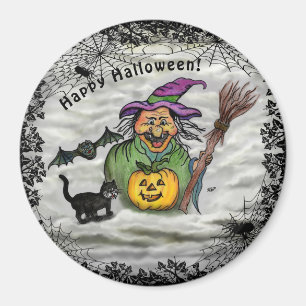 Íman Bruxa, Gato, Bat e Pumpkin, Feliz Halloween!