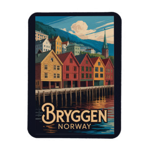 Íman Bryggen Noruega Ilustração Arte Viagem Bergen