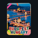 Íman Budapest Hungary Night Cityscape Pop Art Collage<br><div class="desc">Budapest Hungary night cityscape showcasing the historic Parliament building and Chain Bridge glowing along the Danube River. This illuminated skyline is reimagined as a pop art collage, blending classic vintage retro travel vibes with mixed media textures to celebrate Eastern Europe travel. Often called the 'Pearl of the Danube, ' this...</div>