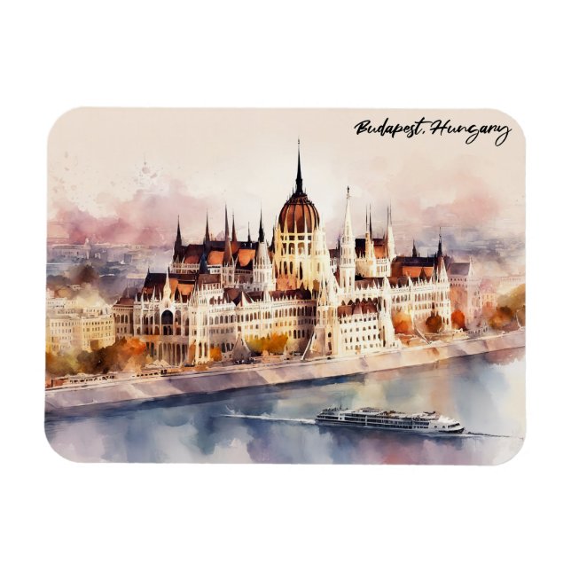 Íman Budapest Hungary Watercolor Painting Panorama View (Horizontal)