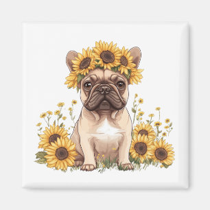 Íman Buldogue Francês Cercado Por Girassóis