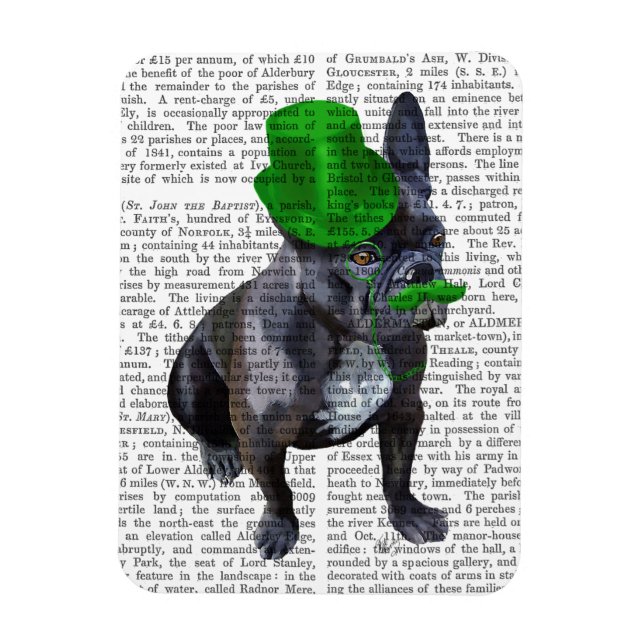 Íman Buldogue francês com chapéu verde e bigode (Vertical)