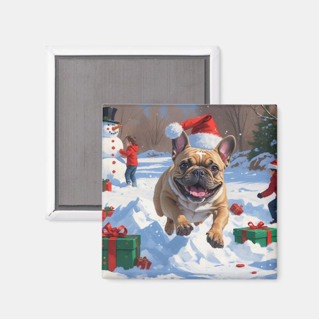 Íman Bulldog Francês Correndo na Neve com Chapéu de Nat (Front/Back)