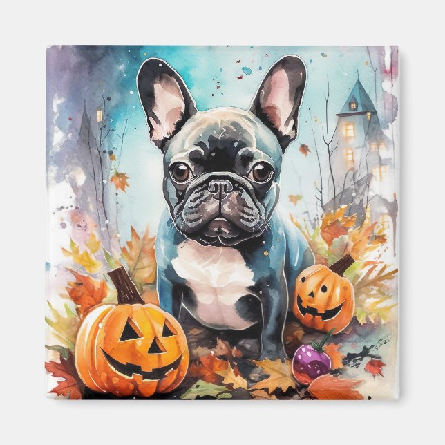 Íman Bulldog Francês de Halloween com Abóboras Assustad (Frente)