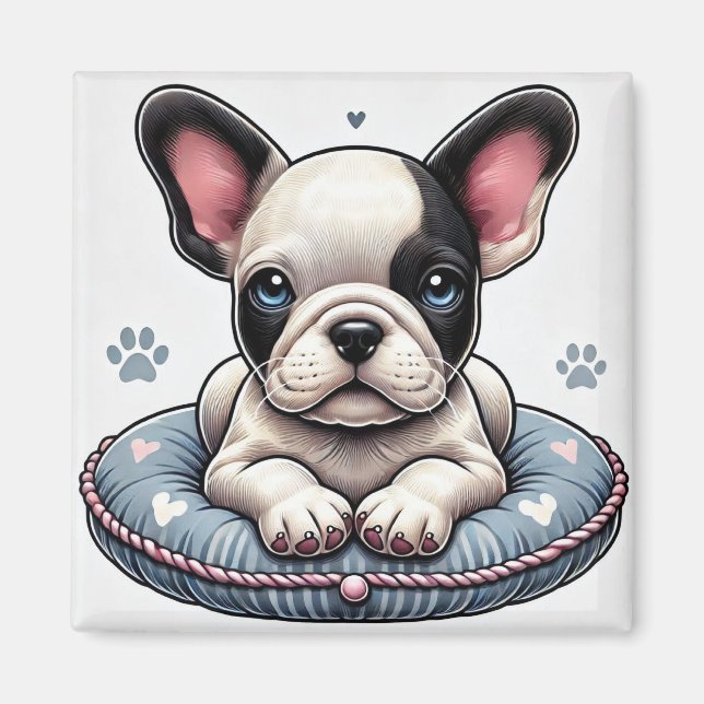 Íman Bulldog Francês em uma Almofada com Tema de Coraçã (Frente)
