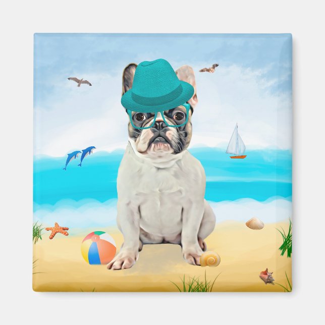 Íman Bulldog francês na praia (Frente)
