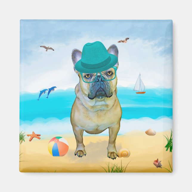 Íman Bulldog francês na praia (Frente)