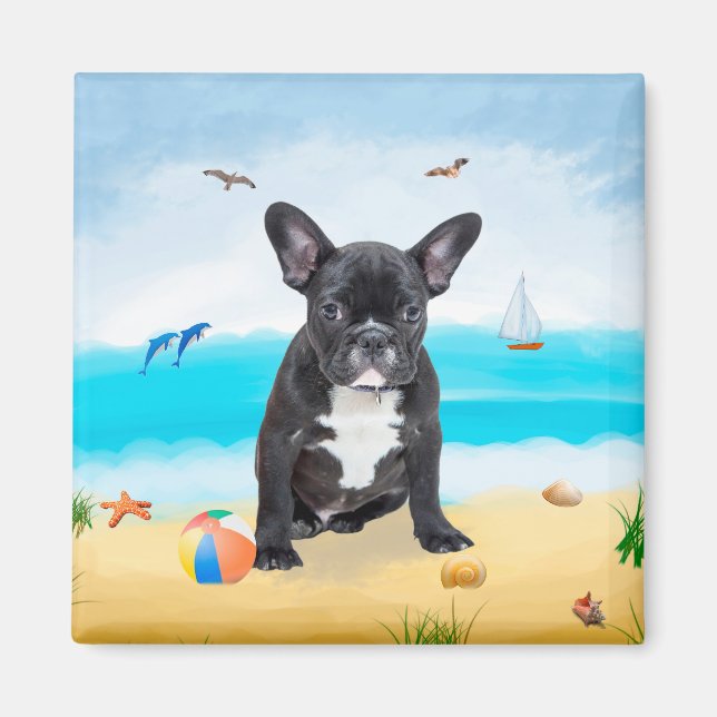 Íman Bulldog francês na praia (Frente)