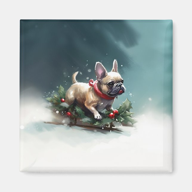 Íman Bulldog Francês Natal neve inverno (Frente)
