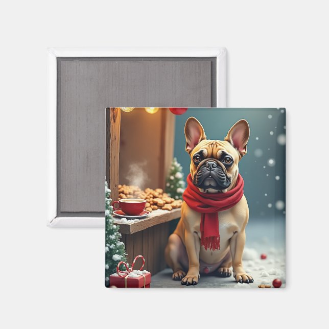 Íman Bulldog Francês no Mercado de Natal Vintage (Front/Back)