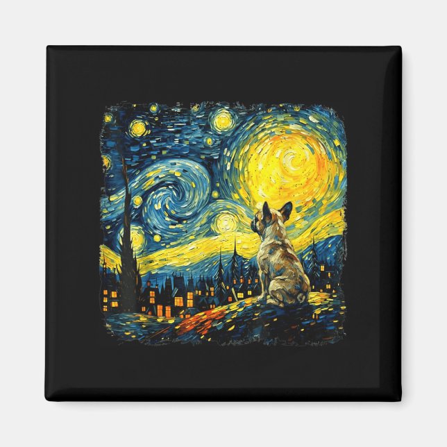 Íman Bulldog Francês Noite Estrelada Van Gogh Mãe de Ca (Frente)