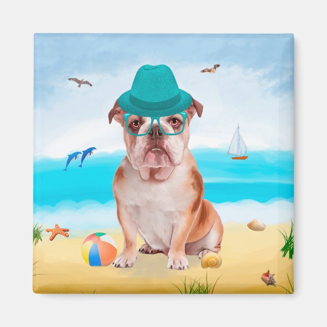 Íman Bulldog Inglês na Praia (Frente)