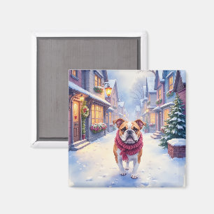 Íman Bulldog Inglês Vila de Natal com Neve Feriado