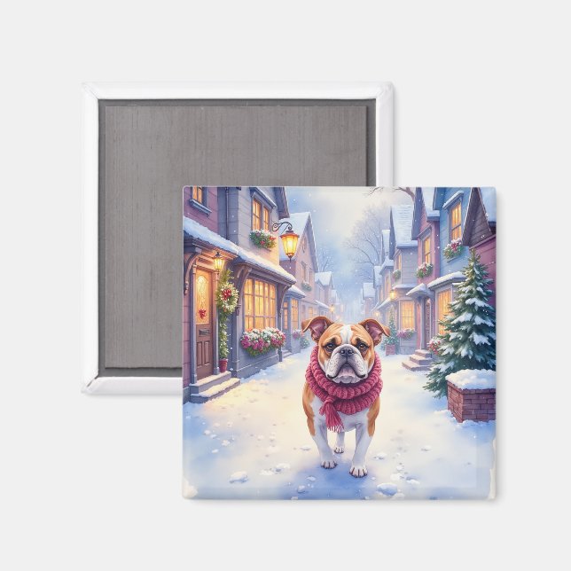 Íman Bulldog Inglês Vila de Natal com Neve Feriado (Front/Back)