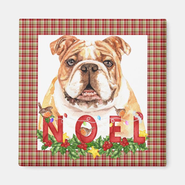Íman Bulldog Noel Natal em Aquarela  (Frente)