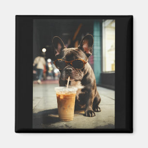 Íman Bulldogue francês engraçado bebendo café gelado ca