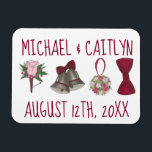 Íman Buquê de Bowtie das Flores de Casamento Personaliz<br><div class="desc">Magnet design apresenta uma ilustração original de uma fileira de designs clássicos de casamento, incluindo um sino, uma gravata de bolor, um buquê de flores e um boutonniere. Apenas personalize com sua informação. Não vê exatamente o que está procurando? Entre em contato com Rebecca para ter um produto personalizado só...</div>