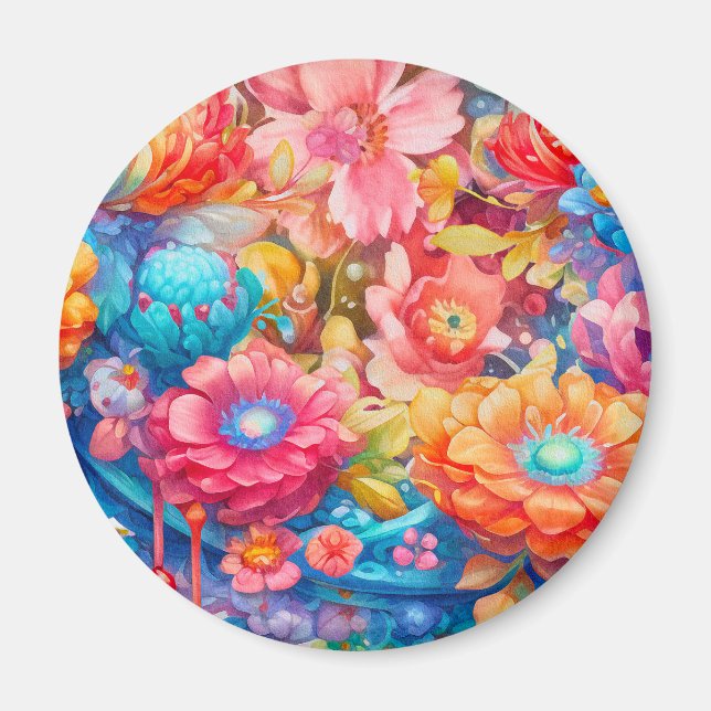 Íman Buquê de Flor Laranja e Azul Boho (Frente)