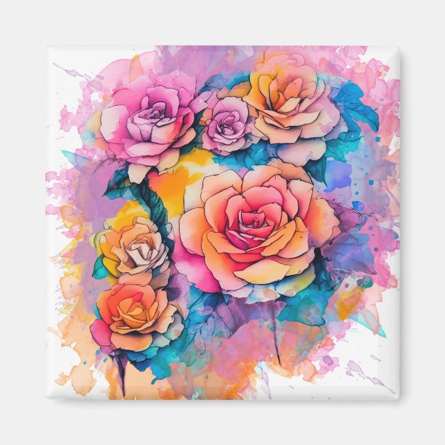 Íman Buquê de Rosas com Pingos de Tinta em Aquarela Mod (Frente)