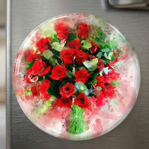 Íman Buquê de Rosas Vermelhas Aquarela em Fundo Branco