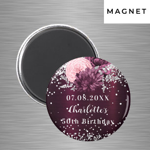Íman Burgundy prata florals aniversário salvar data