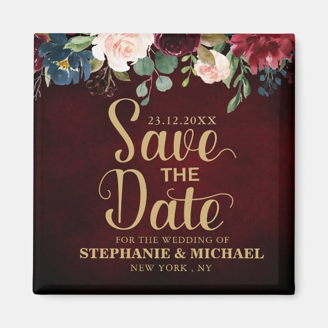 Íman Burgundy Red Marinho Floral Russo Boho Salvando a  (Frente)