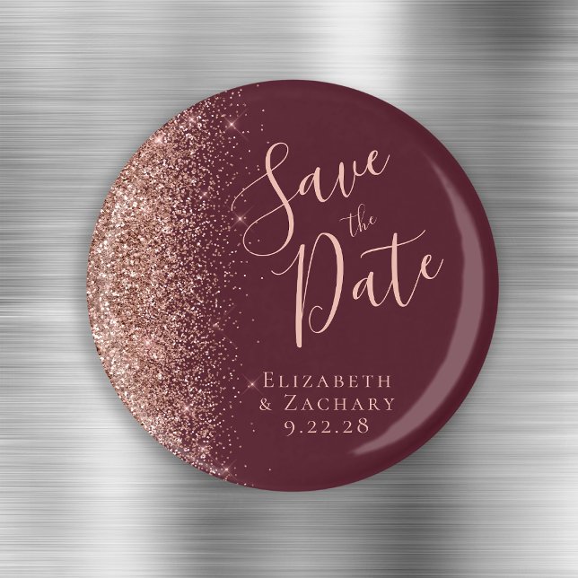 Íman Burgundy Rosa Dourado Gliter Script Salve a Data (Criador carregado)