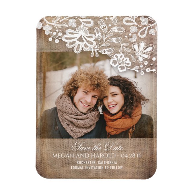Íman Burlap e Lace Rustic Photo Save the Date (Vertical)