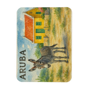 Íman Burro de Aruba com casa de cunucu amarelo aquarela