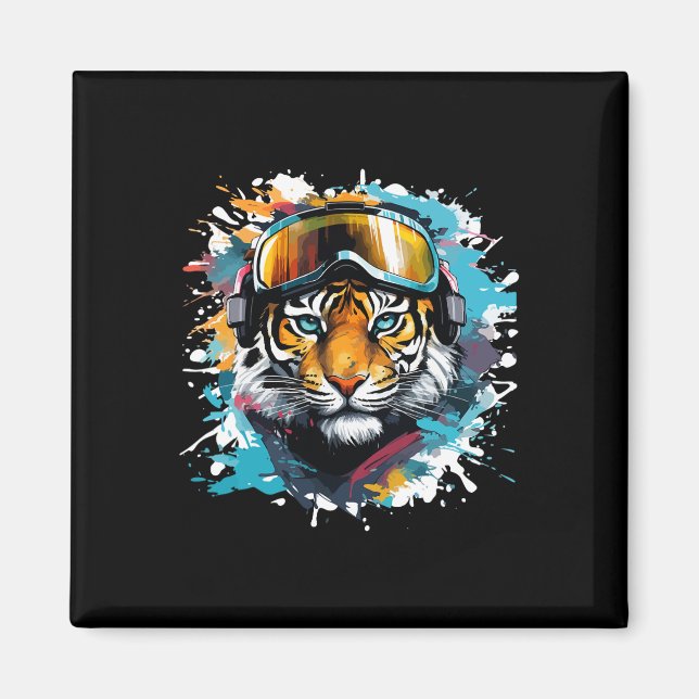 Íman Cabeça de Tigre com Óculos de Esqui Esquiando Snow (Frente)