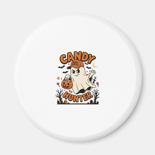 Íman Caçador de Doces Halloween Fantasma Balde de Abóbo (Frente)