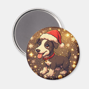 Íman Cachorrinho de Natal Fofo e Alegre com Chapéu de P