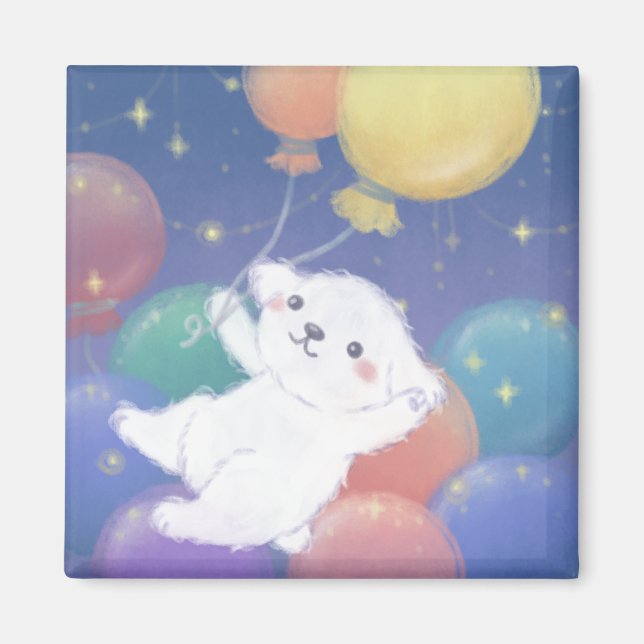 Íman Cachorrinho Fofo com Balões & Estrelas (Frente)