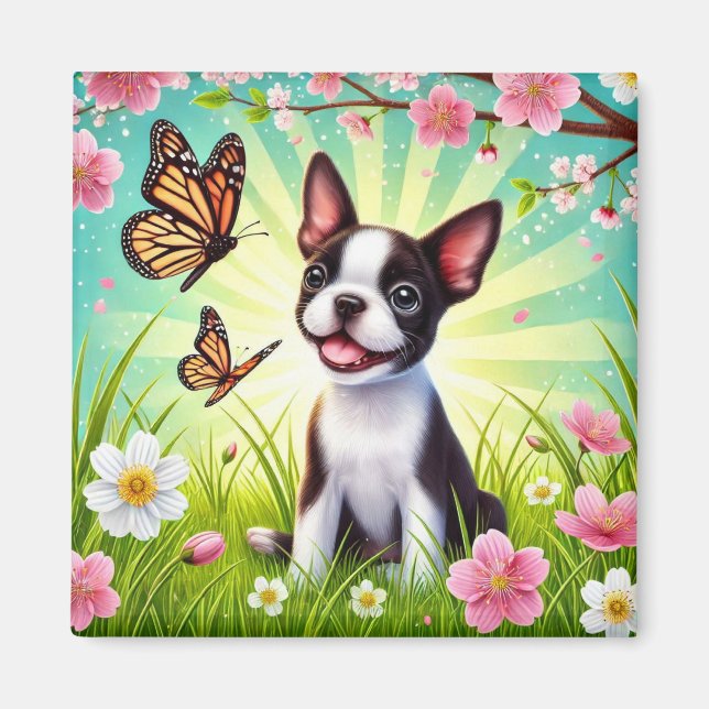 Íman Cachorrinho Fofo com Flores e Borboletas (Frente)