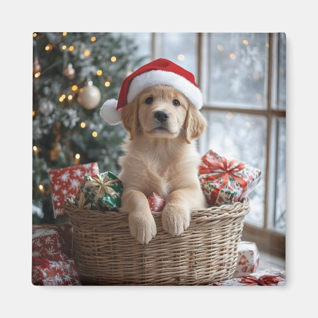 Íman Cachorro Adorável com Papai Noel na Cesta (Frente)