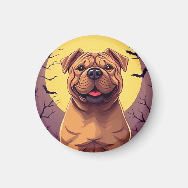 Íman Cachorro Adorável em Cena de Halloween com Abóbora (Frente)
