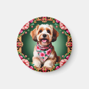 Íman Cachorro Adorável Enquadrado por Flores Coloridas