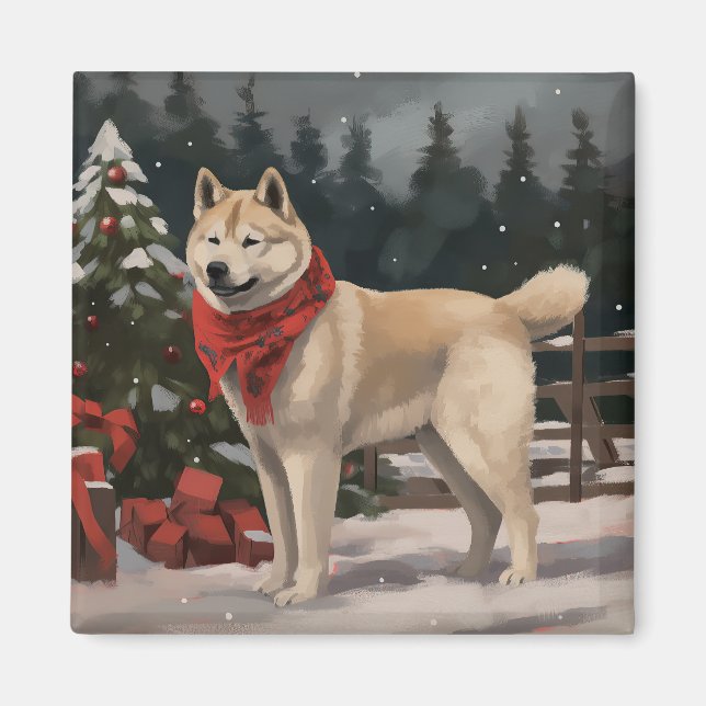 Íman Cachorro Akita na Neve Natal (Frente)