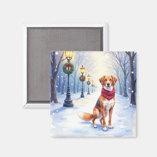 Íman Cachorro Americano Foxhound Poste de Luz Nevado em