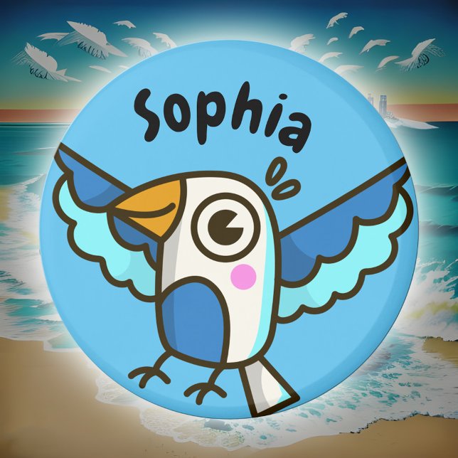 Íman Cachorro Azul Cachorro de Aves Nome Localizador Es (Cute seagull doodle kids' name sticker in ocean blue)