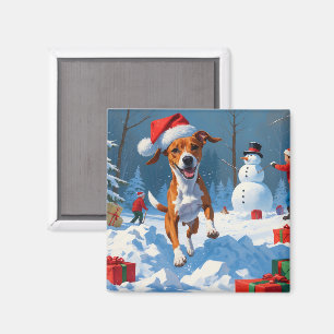Íman Cachorro Basenji Brincando na Cena de Inverno