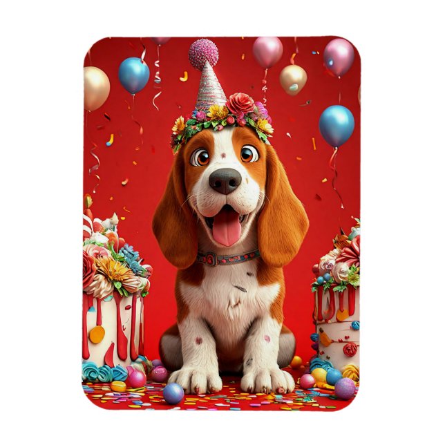 Íman Cachorro Beagle Adorável Comemora Aniversário (Vertical)