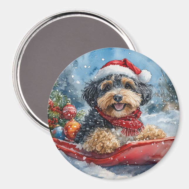 Íman Cachorro Bernedoodle no Trenó Deixe Nevar Natal (Front/Back)