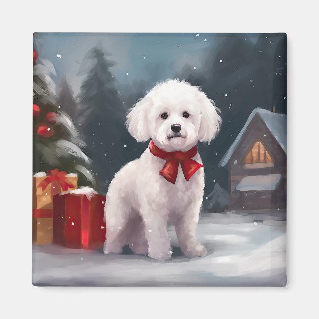 Íman Cachorro Bichon Frise na Neve Natal  (Frente)
