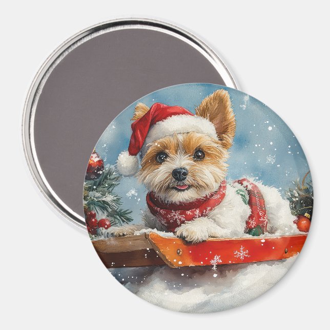 Íman Cachorro Biewer Terrier em Trenó Deixe Nevar Natal (Front/Back)