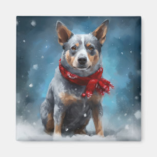 Íman Cachorro Blue Heeler na neve no Natal