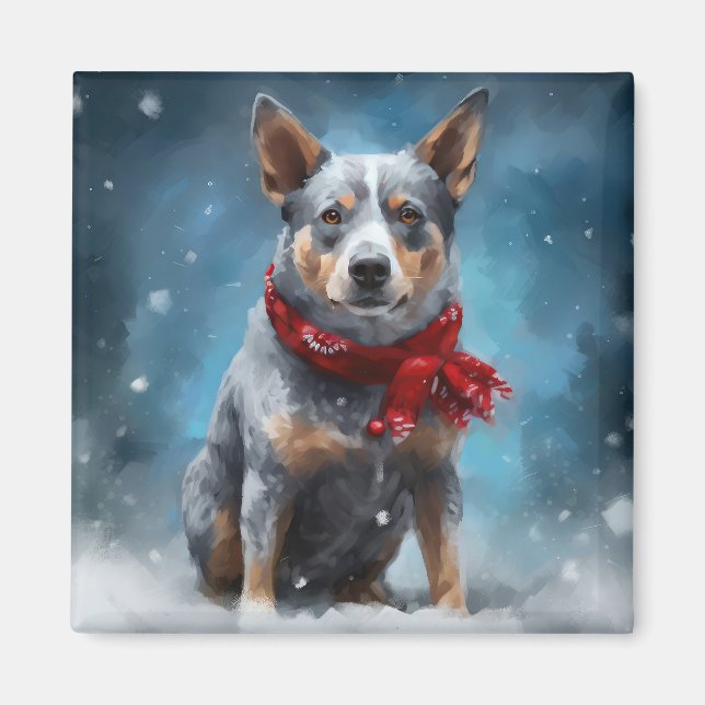 Íman Cachorro Blue Heeler na neve no Natal  (Frente)